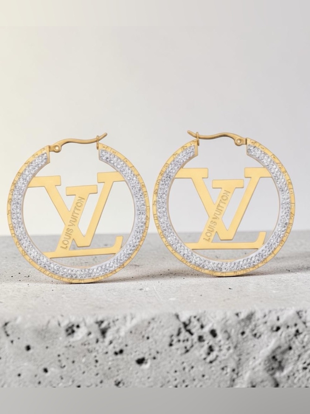 Louis Vuitton Gold and White Crystal LV Hoop Earrings